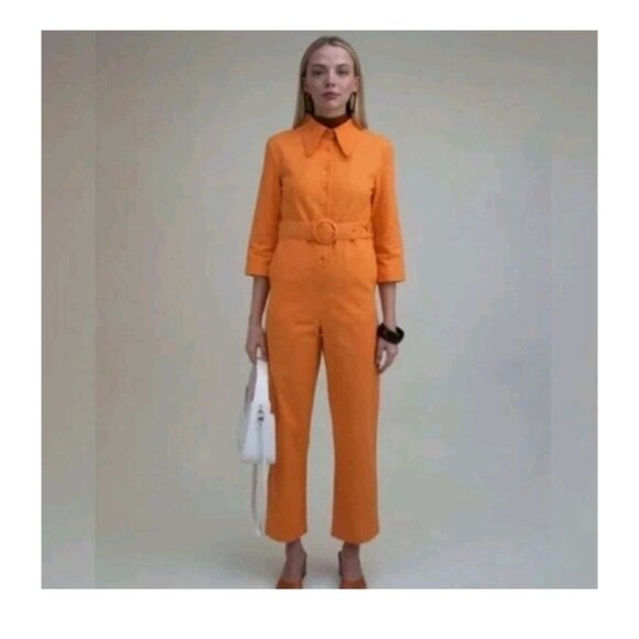 House Of Sunny Orange Belted Button Up Jumpsuit With Collar 3/4 Sleeves Size 4 - Picture 12 of 13